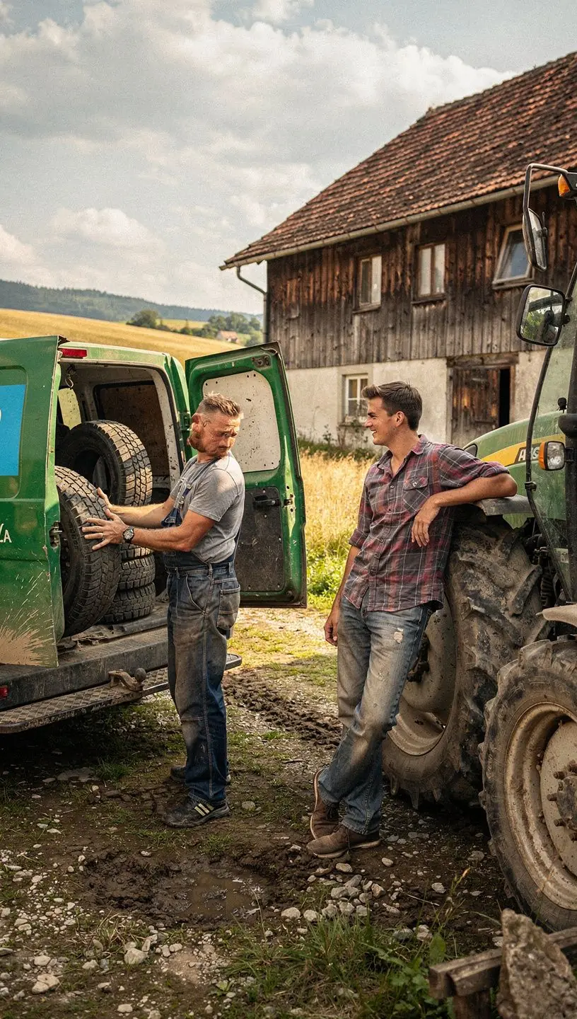 Pracovník servisu kontroluje tlak v pneumatikách pred montážou.